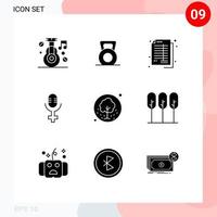 Group of 9 Solid Glyphs Signs and Symbols for seeds record lift microphone banking Editable Vector Design Elements