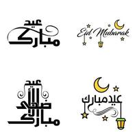 paquete moderno de 4 eidkum mubarak árabe tradicional tipografía kufic cuadrada moderna texto de saludo decorado con estrellas y luna vector