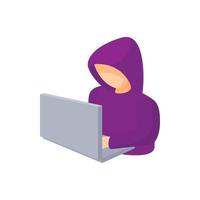 Hooded computer hacker with laptop icon vector