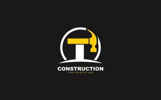 T logo construction vector for woodworking company. initial letter hammer template vector illustration for your brand.