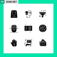 Pack of 9 Modern Solid Glyphs Signs and Symbols for Web Print Media such as award mask security halloween frankenstein Editable Vector Design Elements