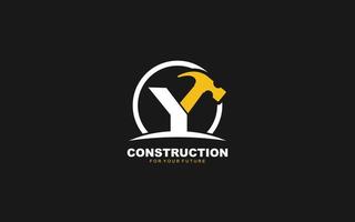 Y logo construction vector for woodworking company. initial letter hammer template vector illustration for your brand.