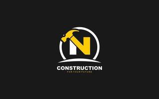 N logo construction vector for woodworking company. initial letter hammer template vector illustration for your brand.