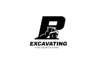 P logo excavator for construction company. Heavy equipment template vector illustration for your brand.