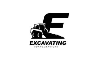 F logo excavator for construction company. Heavy equipment template vector illustration for your brand.