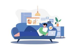 Man Laying On The Couch And Doing Work On A Laptop vector