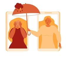 Panic attack of woman concept vector. Sad, crying woman with long blond hair. Doctor of psychiatry taking umbrella and protect from rain. Depression, sadness, mental health. Online psychology vector