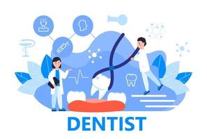 Dentist service vector concept for landing page. Tiny dentists make x-ray scan of teeth to help toothache, to whiten enamel or recovery implant. Online conference for dentistry specialist