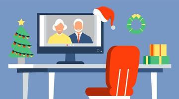 Christmas greetings online in quarantine, social distancing. Invitation in zoom, video call. Xmas tree on the table. Happy family concep vector