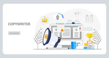 vector de concepto de redactor para la página de inicio. el lugar de trabajo independiente está ocupado con el análisis de marketing por correo electrónico. gestor de contenidos en empresa. megáfono y monitor