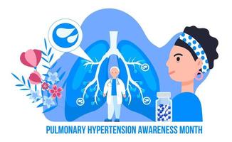 El mes de concientización sobre la hipertensión pulmonar se celebra en noviembre. fibrosis pulmonar, ilustración de tuberculosis para sitio web, aplicación, banner. diminutos doctores tratan vector