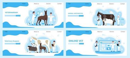 Veterinarian concept vector. Animal doctors diagnosing diseases of dog, cat. Pet health care for website. Veterinary physician treatment illness vector