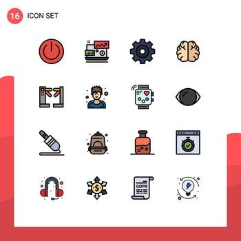 16 Universal Flat Color Filled Lines Set for Web and Mobile Applications control knowledge laptop hemisphere brain Editable Creative Vector Design Elements