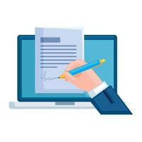 hand signing contract in laptop vector