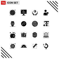 Set of 16 Commercial Solid Glyphs pack for ancient jar basic hands time man Editable Vector Design Elements