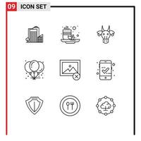 User Interface Pack of 9 Basic Outlines of party birthday health balloons indian Editable Vector Design Elements