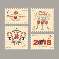Merry Christmas and Happy New Year 2018 retro postage stamp with Santa Claus, vector
