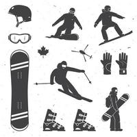 Set of winter sports equipment, skier and snowboarders silhouettes. vector