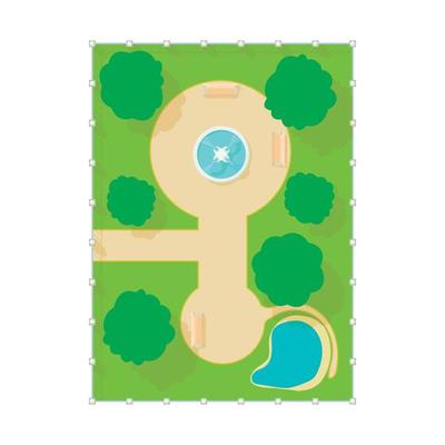 Top view of park with fountain icon, cartoon style