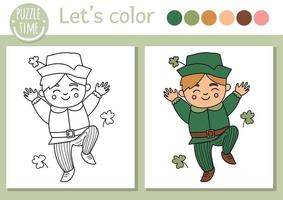 Saint Patrick coloring page for children. Cute funny boy with shamrock. Vector outline leprechaun illustration. Celtic spring holiday color book for kids with colored example