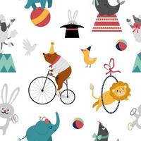 Vector seamless pattern with circus animals. Amusement holiday repeat background. Digital paper with cute funny festival characters. Street show comedians texture with elephant, bear on bike