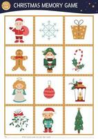 Tarjetas de juego de memoria navideña con símbolos tradicionales de vacaciones. actividad de emparejamiento con personajes divertidos. recuerde y encuentre la tarjeta correcta. simple hoja de trabajo imprimible de invierno para niños.