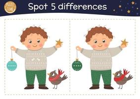 Christmas find differences game for children. Winter educational activity with funny boy, bird and ornament. Printable worksheet with smiling kid. Cute New Year puzzle for kids vector