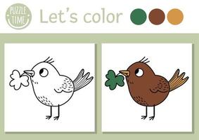 Saint Patrick coloring page for children. Cute funny bird with shamrock in beak. Vector outline forest animal illustration. Celtic spring holiday color book for kids with colored example