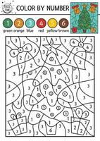 Vector Christmas color by number activity with fir tree, bells, gift boxes. Winter holiday coloring and counting game with cute plant. Funny New Year coloration page for kids.