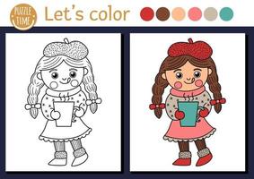 Christmas coloring page for children. Cute funny girl in warm clothes with hot drink. Vector winter holiday outline illustration. New Year party color book for kids with colored example