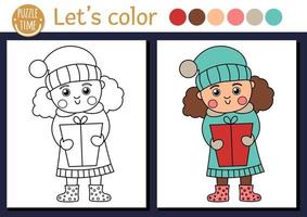 Christmas coloring page for children. Cute funny girl in warm clothes with gift box. Vector winter holiday outline illustration. New Year party color book for kids with colored example