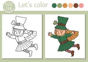 Saint Patrick coloring page for children. Cute funny leprechaun fairy with shamrock. Vector outline forest elf girl illustration. Celtic spring holiday color book for kids with colored example