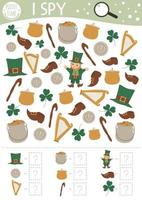 Saint Patrick I spy game for kids. Searching and counting activity for preschool children with traditional Irish holiday objects. Funny printable worksheet for kids. Simple holiday spotting puzzle. vector