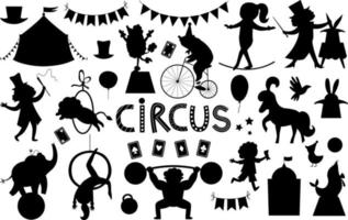 Circus characters and objects silhouettes collection. Big black and white vector set with gymnast, animals, athlete, illusionist. Marquee, flags. Street show or holiday party shadows pack