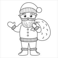 Vector black and white Santa Claus waving his hand with sack. Cute winter Father Frost icon or coloring page. Funny outline character illustration for Christmas, New Year or winter design