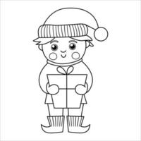 niño feliz vector blanco y negro sosteniendo un regalo. lindo elfo de invierno niño línea ilustración o página para colorear. icono de esquema divertido para navidad, año nuevo o diseño de invierno