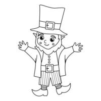 Vector black and white funny leprechaun in traditional clothes and hat. Cute Saint Patrick Day illustration. National Irish holiday line icon or coloring page isolated on white background.