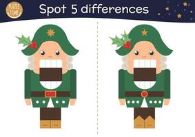 Christmas find differences game for children. Winter educational activity with funny Nutcracker. Printable worksheet with fairytale character. Cute New Year puzzle for kids vector