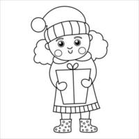 Vector black and white happy girl with curly hair holding a present. Cute winter kid illustration or coloring page Funny outline icon for Christmas, New Year or winter design