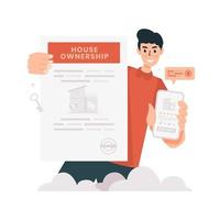 A man with an online advertisement of a house for sale illustration vector