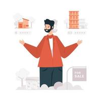 agente inmobiliario que vende casas de propiedad o ilustración de apartamentos vector