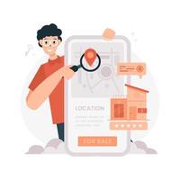 diseño plano un hombre comparte la ubicación de la casa concepto de marketing de propiedad digital vector