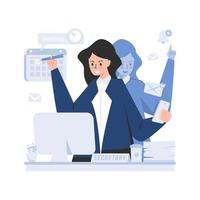 mujer de negocios secretaria asistente multitarea ilustración plana vector