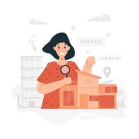 Flat design a woman searches for best house for sale concept vector