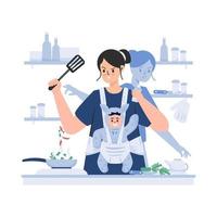 Multitasking busy mother flat illustration vector