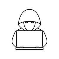 Computer hacker with laptop icon, outline style vector