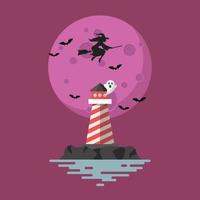 Lighthouse with witch flying over the moon vector