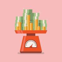 Pile of money on domestic weigh scales vector