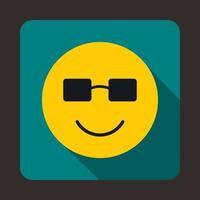 Smiling emoticon in sunglasses icon, flat style vector