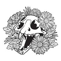 Floral Daisy flower Cat Skull Illustration Coloring Page vector